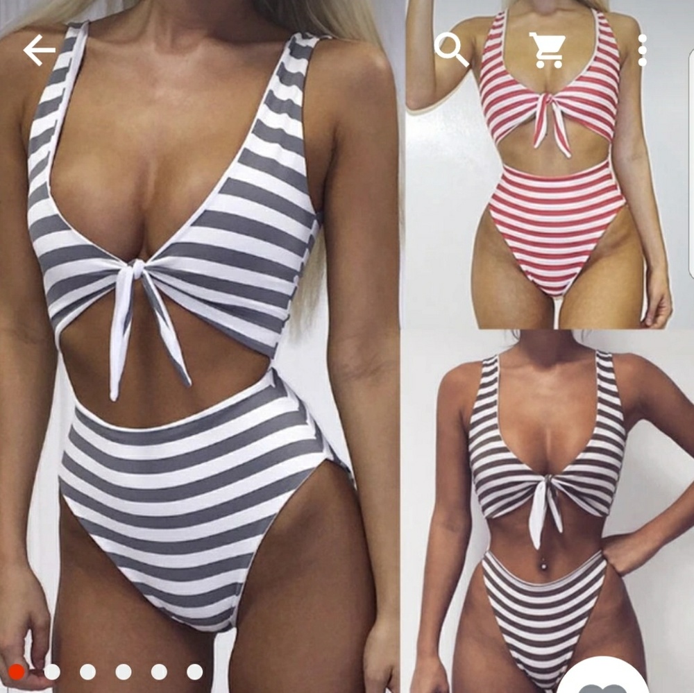 One piece front tie stripe swimsuit